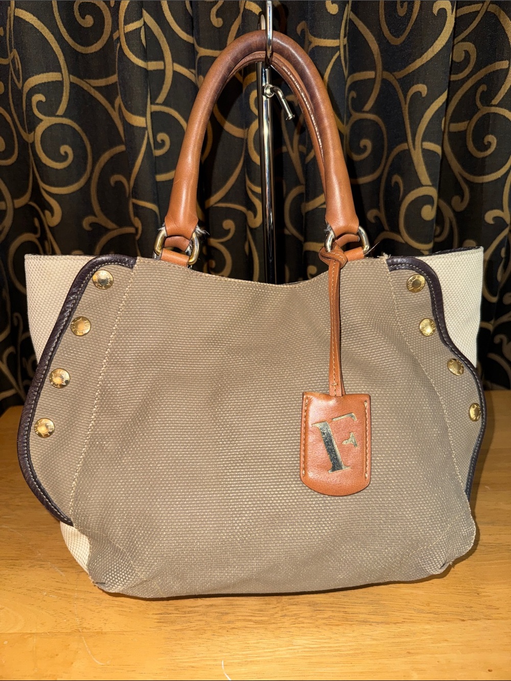 Furla Vintage Canvas & Leather Studded boho Tote Bag